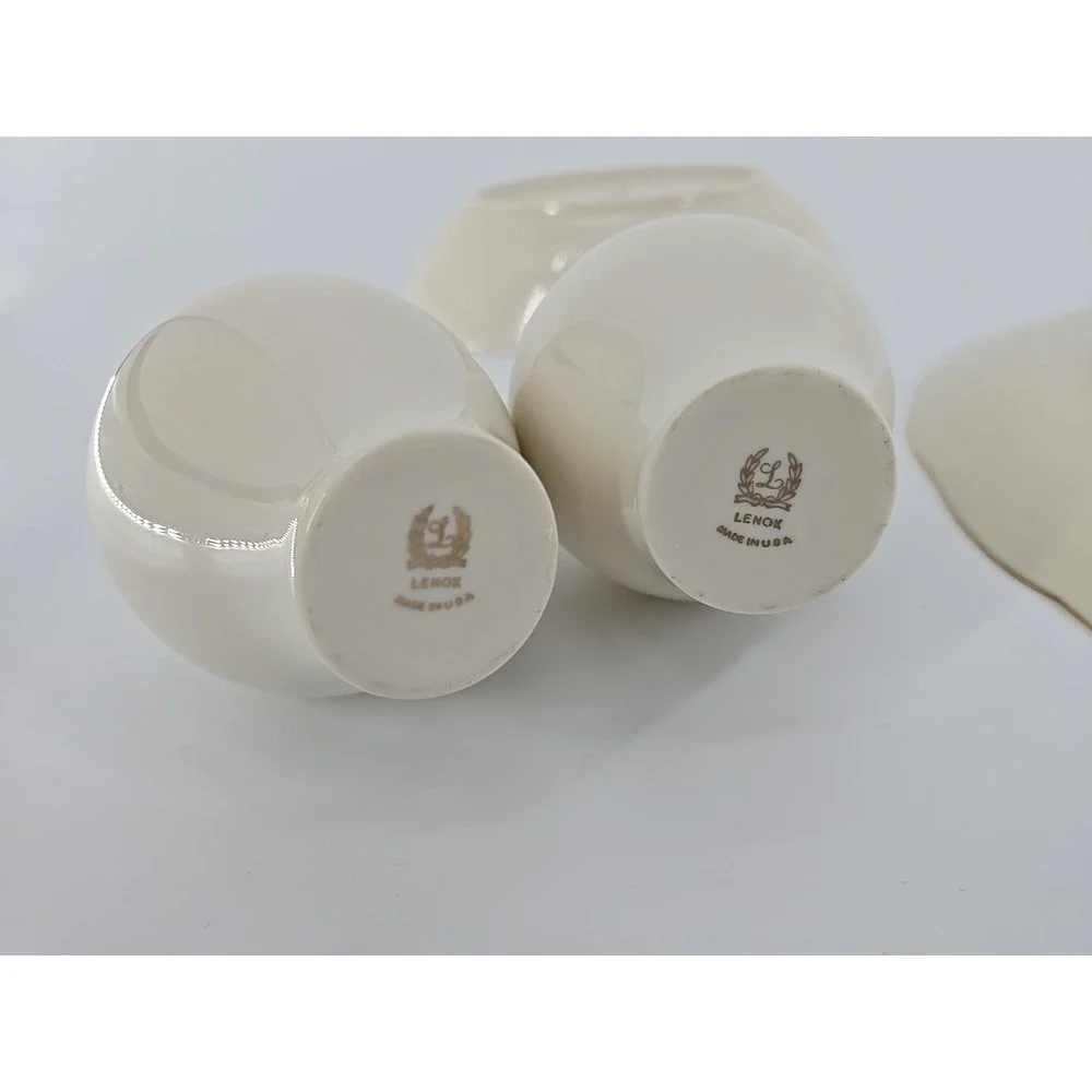 2 LENOX Sleek Creamy W/Gold Trim Pitchers In Bowl +Floral Bird Anniversary Plate